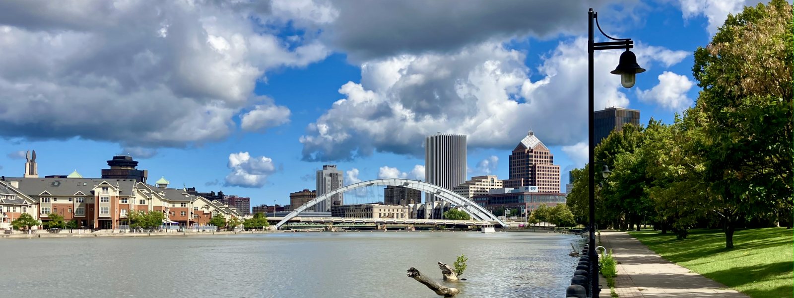 Downtown Rochester, NY skyline and the Genesee River viewed from Corn Hill Landing